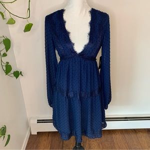 NWT Lulus Wistful Moment Navy Blue Swiss Dot Long Sleeve Dress Size S